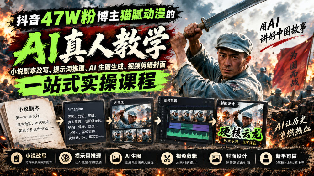 抖音47W粉猫腻动漫AI真人漫剧课：小说改文+提示词+生图生视频剪辑封面全流程