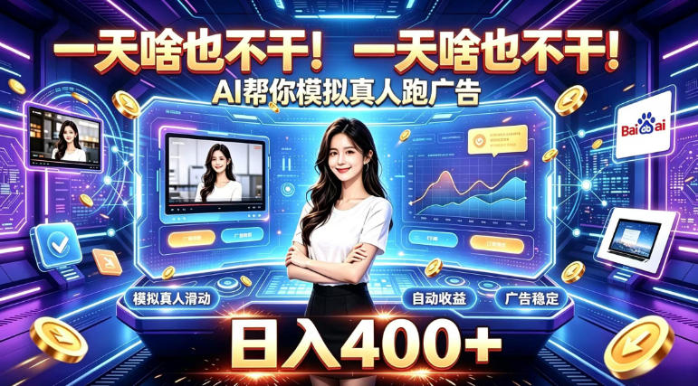 AI模拟真人跑广告变现400方法，新手零基础副业被动变现实操指南