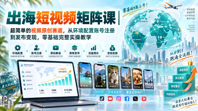 出海短视频矩阵课｜零基础视频原创实操：苹果ID软路由配置到账号注册发布变现
