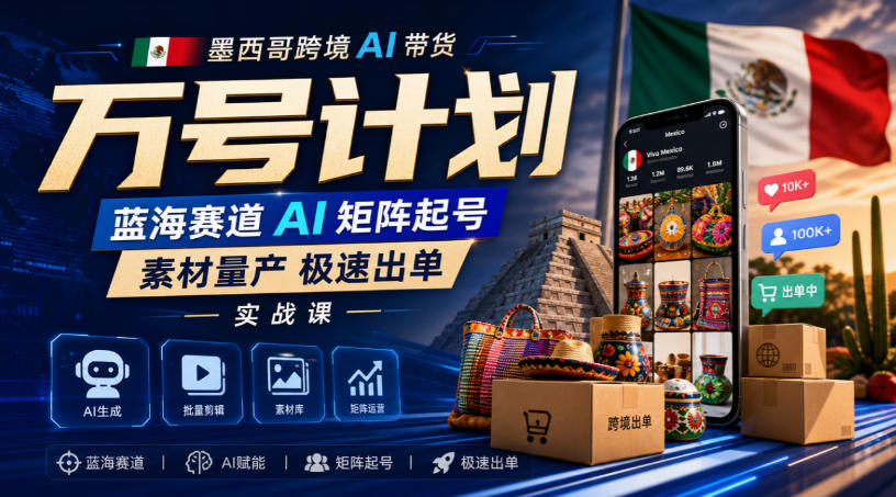 墨西哥AI带货万号矩阵起号实操课，AI短视频素材量产极速出单