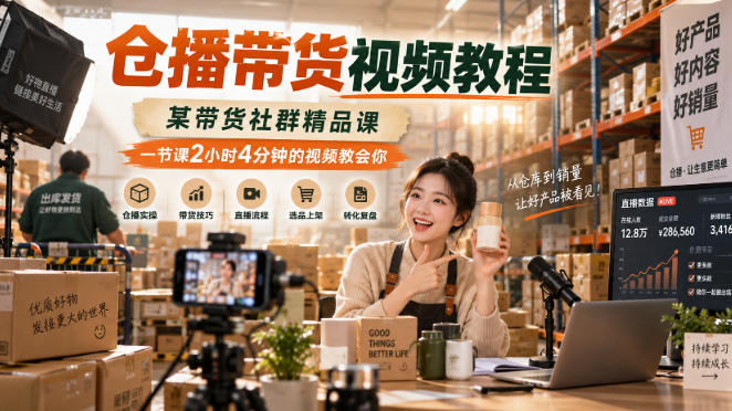 仓播带货视频教程：2小时4分钟精品课，新手0基础仓库直播卖货实操