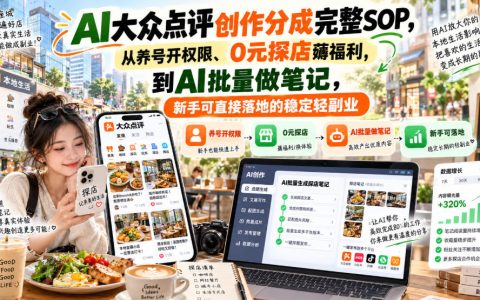 AI大众点评创作分成SOP：新手养号开权限0元探店AI批量做笔记副业