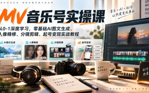 AI MV音乐号实操课：零基础AI图文生成到人像精修分镜剪辑起号变现全攻略