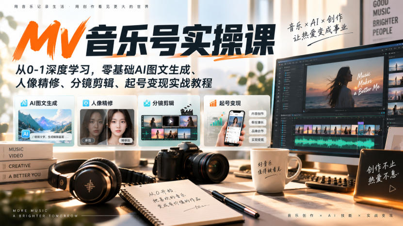AI MV音乐号实操课：零基础AI图文生成到人像精修分镜剪辑起号变现全攻略