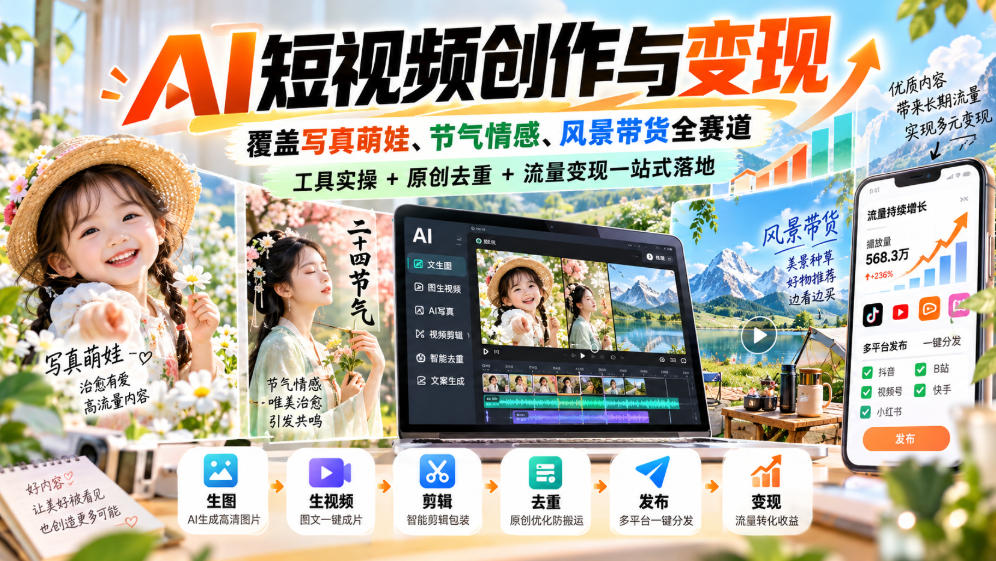 AI短视频创作变现全赛道：豆包即梦剪映实操+原创去重+零粉起号