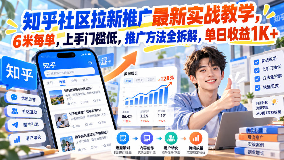 知乎社区拉新推广实战教学，6米每单，碎片时间上手，单日收益1K+