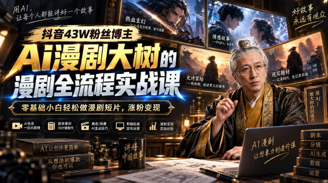 抖音43W粉博主AI漫剧制作全流程实战课，零基础剪映配音涨粉变现