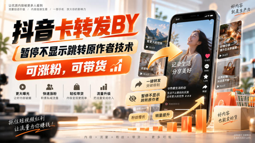 抖音卡转发搬运技术实操教程，暂停不跳转原作者，涨粉带货必备