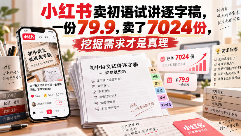 小红书卖初语试讲逐字稿79.9元7024份，教招教资面试备课刚需