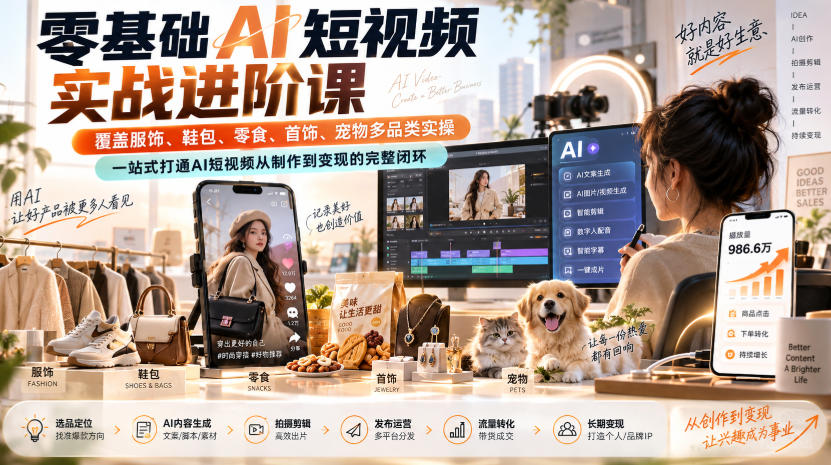 零基础AI短视频实战课：多品类带货案例+爆款反推逻辑，打通制作变现闭环