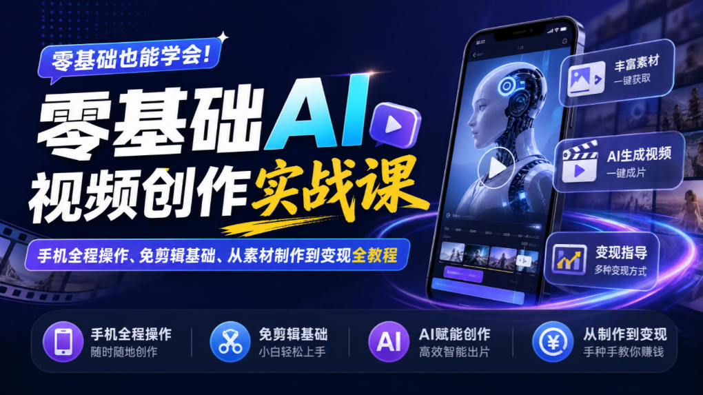 零基础AI视频创作实战课：手机操作+豆包生成+去水印剪辑变现
