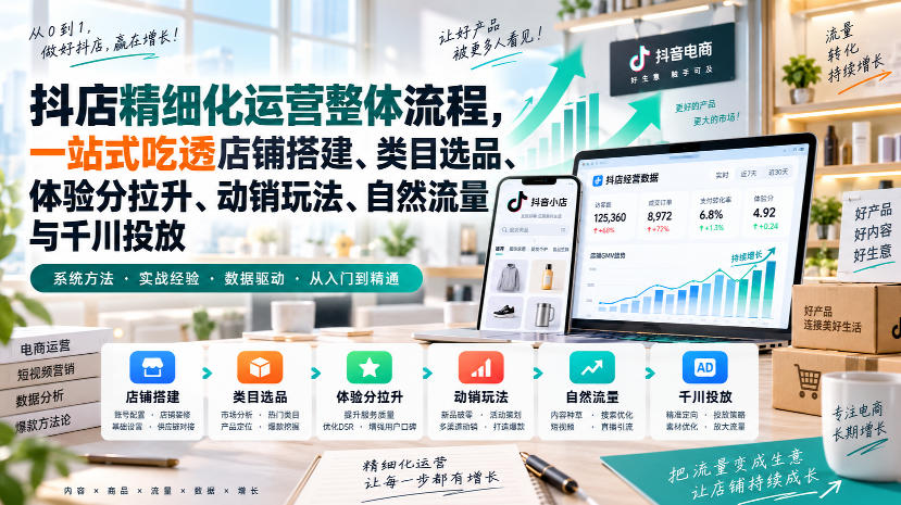 李哥电商抖店精细化运营全流程：开店选品动销体验分自然流量千川投放实操