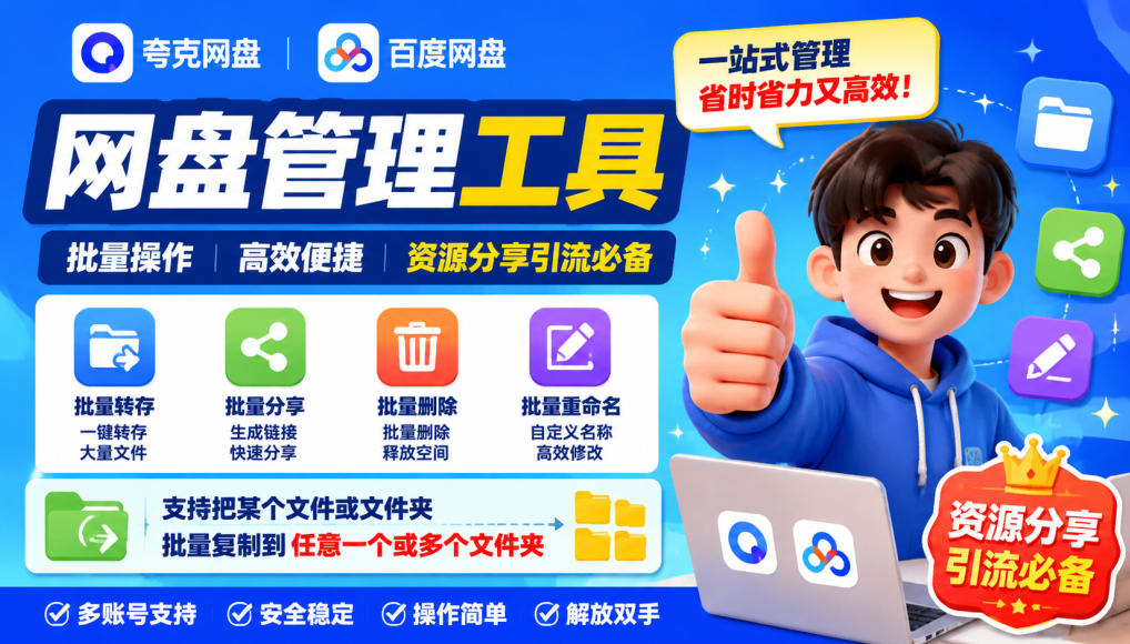 夸克网盘批量重命名转存工具：AI重命名+多账号批量分享复制