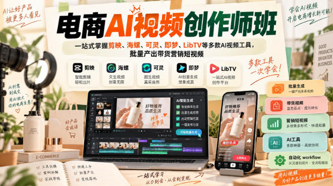 电商AI视频创作师班：剪映海螺可灵即梦LibTV全掌握，批量出带货短视频