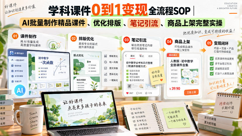 学科课件0到1变现SOP｜AI批量制作PPT课件+可画排版+笔记引流上架