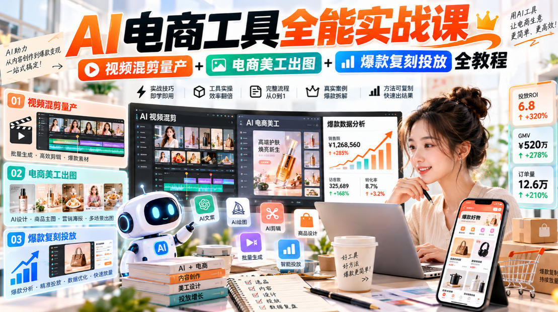 AI电商实战：视频混剪量产+美工出图+爆款复刻投放全教程