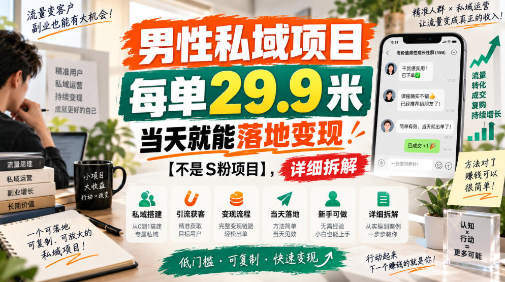 男性私域项目拆解：每单29.9元当天落地变现，非S粉玩法与实操路径