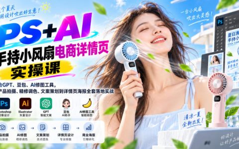PS+AI手持小风扇详情页实操课：GPT豆包修图文案排版全流程