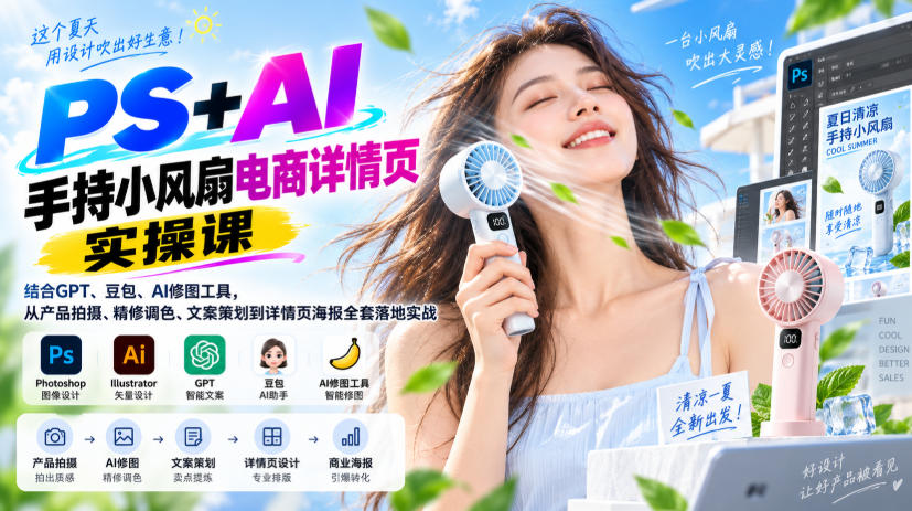 PS+AI手持小风扇详情页实操课：GPT豆包修图文案排版全流程