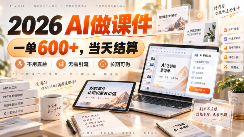 2026 AI做课件副业新风口，一单600方法当天结算，不露脸不引流，新手可长期做