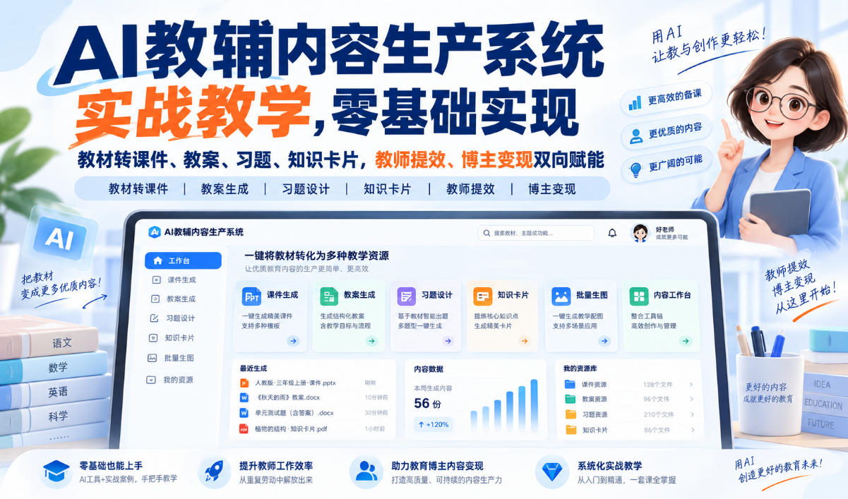 AI教辅实战：教材一键转课件教案习题知识卡片，教师提效博主变现