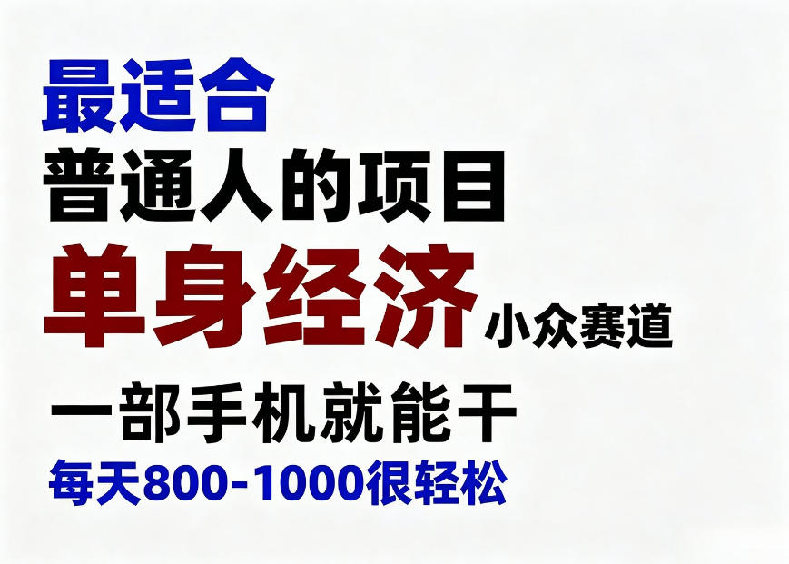 单身经济冷门赛道，手机副业变现800方法，普通人零门槛长期项目