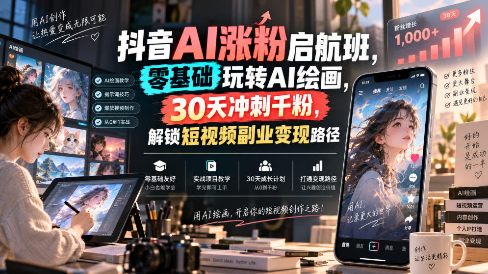 抖音AI涨粉启航班：零基础玩转SD绘画，30天冲刺千粉副业变现