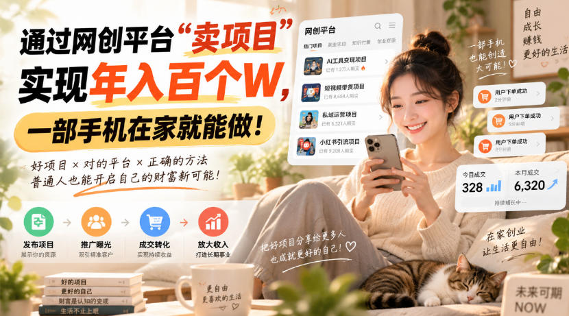 卖网创项目一年赚百万收益，一台手机就能操作的副业项目