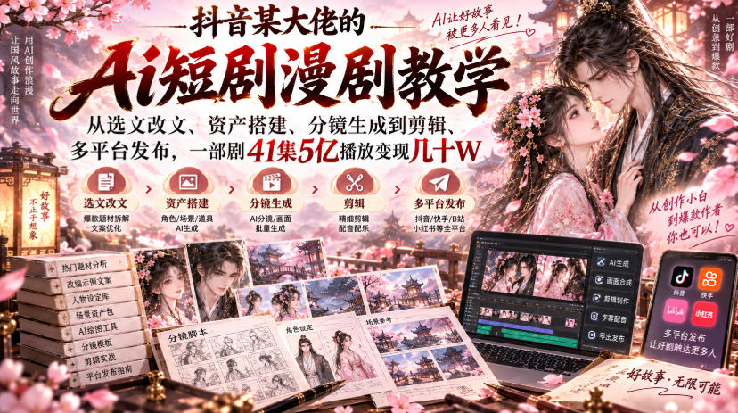 抖音AI短剧漫剧教学：零基础选文改文分镜剪辑多平台发布