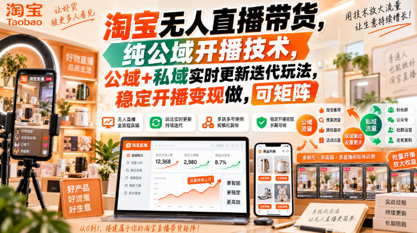 淘宝无人直播带货纯公域开播技术实时迭代稳定变现可矩阵