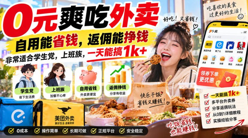 0元吃外卖项目教程，自用省钱返佣赚钱，学生上班族副业新风口