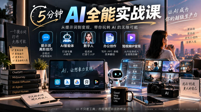 5分钟AI全能实战课：提示词高阶技巧+AI智能体+数字人+办公创作+短视频IP变现全教程