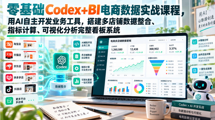零基础Codex+BI电商数据实战：AI开发多店铺看板