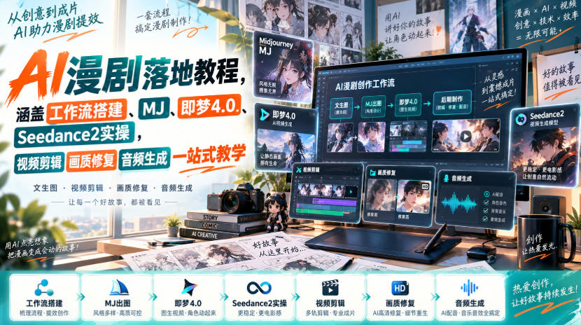 AI漫剧零基础教程：MJ+即梦4.0+Seedance2全流程实操，剪辑修复配音一站式