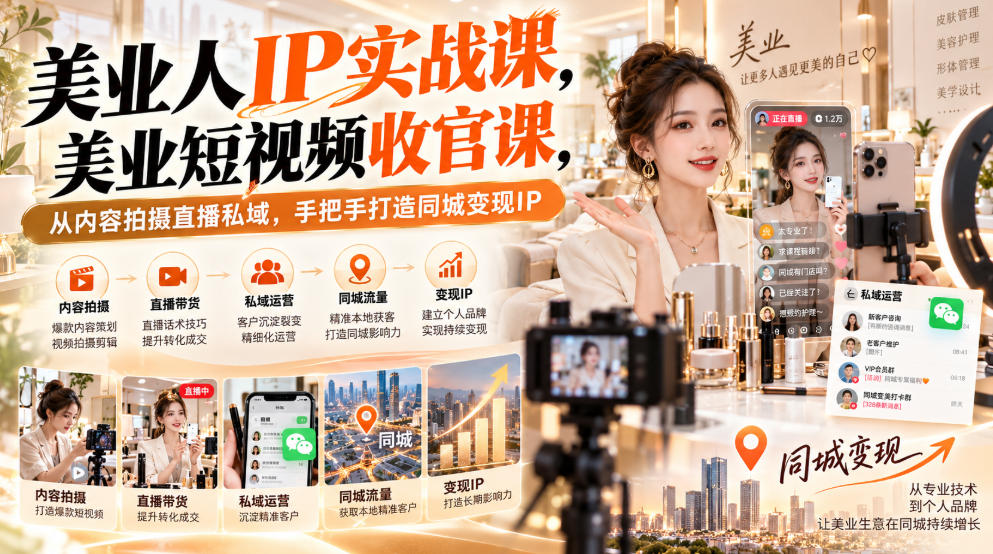 美业人IP实战课：短视频拍摄剪辑直播私域同城变现全流程