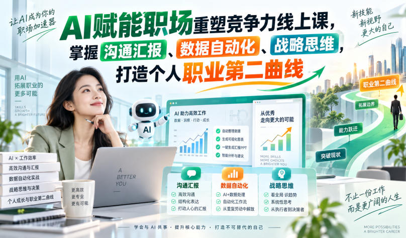AI赋能职场竞争力线上课：沟通汇报+数据自动化+战略思维，打造职业第二曲线