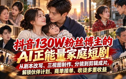 抖音130W粉丝博主AI正能量家庭短剧三视图分镜剪辑与多元变现课