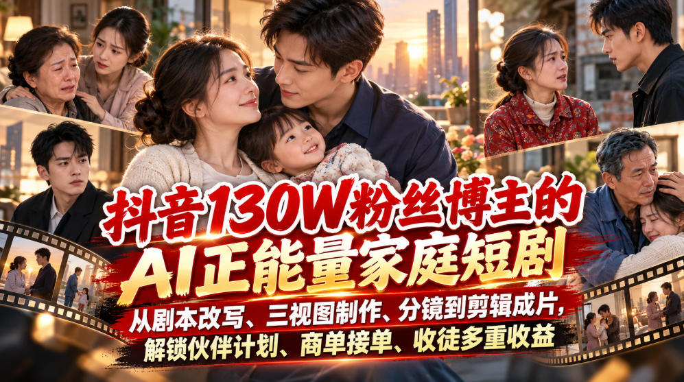 抖音130W粉丝博主AI正能量家庭短剧三视图分镜剪辑与多元变现课