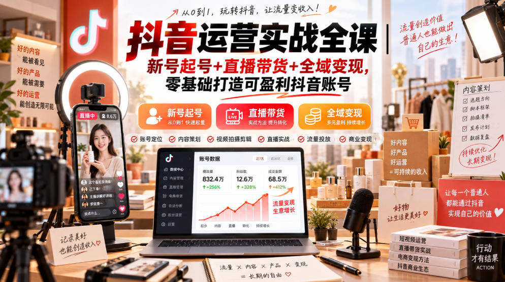 抖音运营实战课：新号起号涨粉+直播带货+全域变现全流程