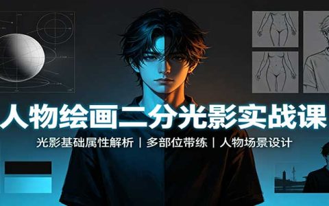 人物绘画二分光影实战课：光影基础属性解析，多部位带练，人物场景设计