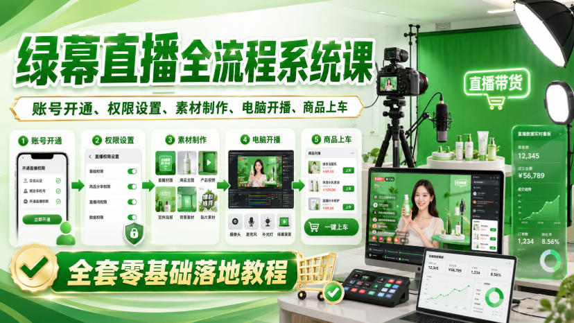 绿幕直播全流程系统课：账号开通权限设置素材制作电脑开播商品上车零基础实操教程