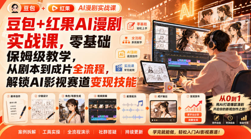 豆包+红果AI漫剧实战课：零基础保姆级教程，从剧本到成片全流程变现