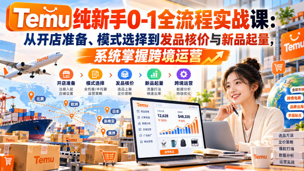 Temu新手0-1全流程实战：开店选品发品核价与新品起量运营课