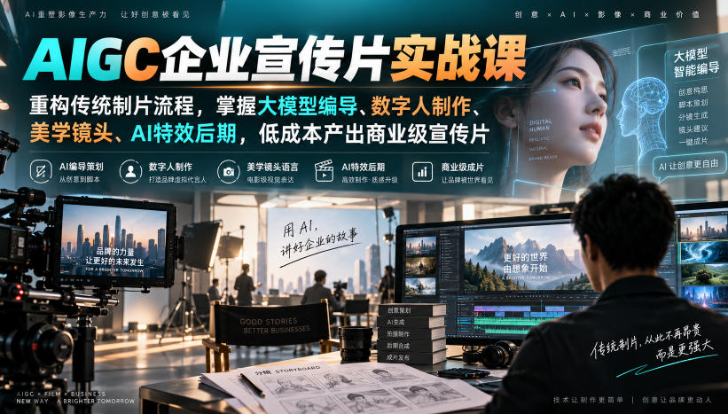 AIGC企业宣传片实战课：大模型编导+数字人+AI特效后期，低成本商业制片
