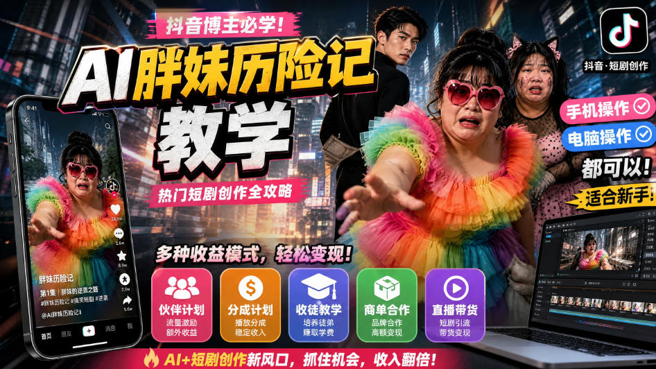 抖音AI胖妹历险记教程：手机电脑做AI剧情短片，伙伴计划+分成+收徒+商单变现