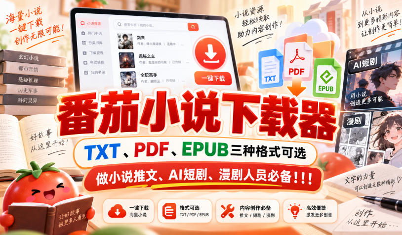 番茄小说下载器｜TXT/PDF/EPUB三格式导出，小说推文AI短剧漫剧必备