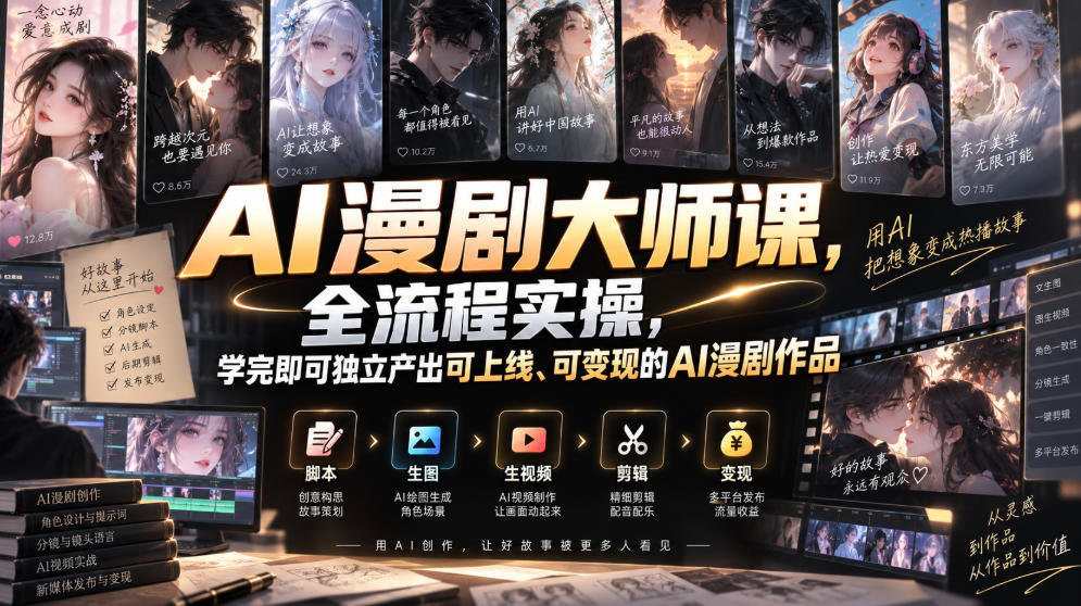 AI漫剧大师课：全流程实操，从分镜配音到变现，独立产出上线作品