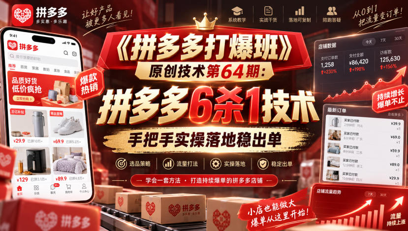 拼多多6杀1技术实操课，新店破零防比价提转化卡大促起爆单