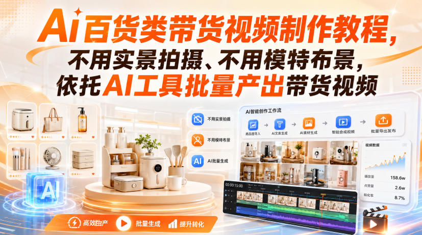 AI百货带货视频制作教程：AI工具批量产出短视频，无水印素材实操