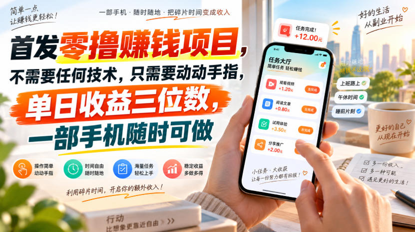 首发零撸赚钱项目，手机做任务赚佣金，单日收益三位数，无需技术